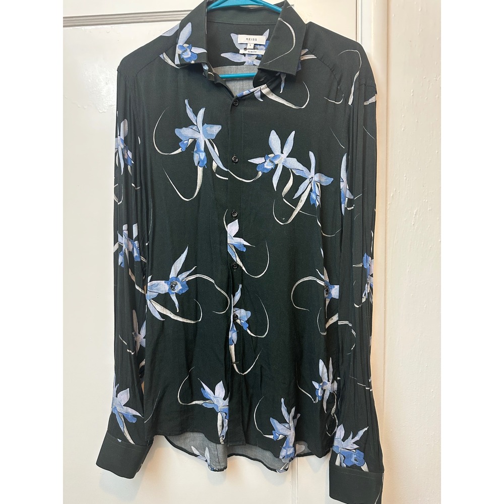 Reiss Oaker Slim Fit Shirt Mens Large Black Blue Orchid Floral Viscose Button Up